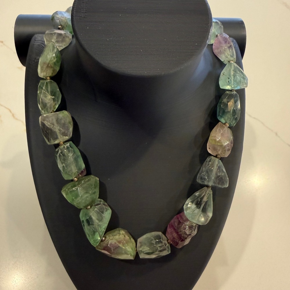 Natural Fluorite Nugget Gemstone Necklace Green Purple Faceted Statement